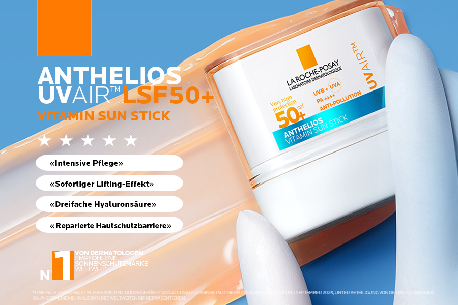 La Roche-Posay Anthelios UV Air Stick LSF 50+: Vitamin E + Astaxanthin, antioxidativer Schutz, Breitspektrum UVA/UVB-Schutz.